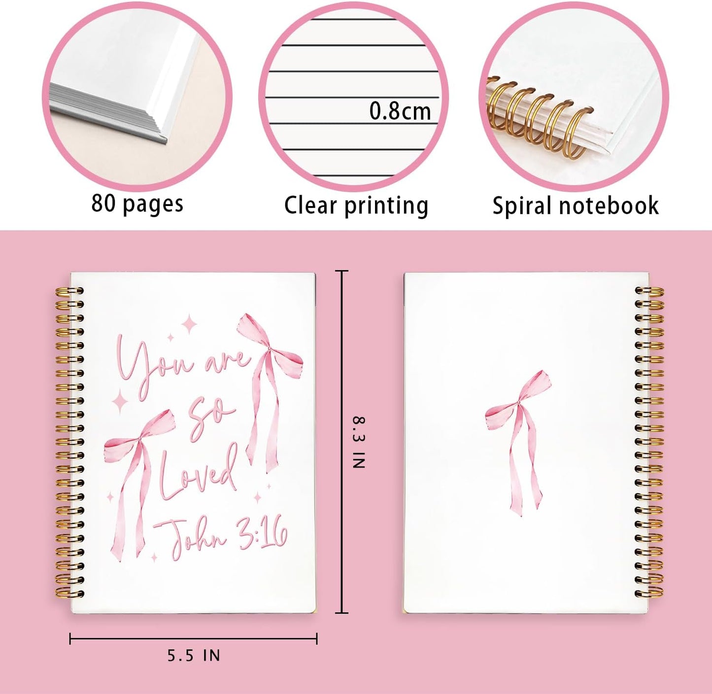 Coquette Pink Bow Christian Notebook, Preppy Aesthetic Journal Notebook, Bible Journal Notebook, Bible Journaling Notebook, You Are so Loved Hardcover Spiral Notebook 5.5X8.3 Inch