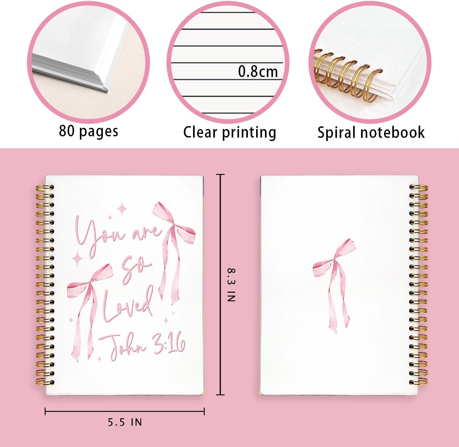 Coquette Pink Bow Christian Notebook, Preppy Aesthetic Journal Notebook, Bible Journal Notebook, Bible Journaling Notebook, You Are so Loved Hardcover Spiral Notebook 5.5X8.3 Inch
