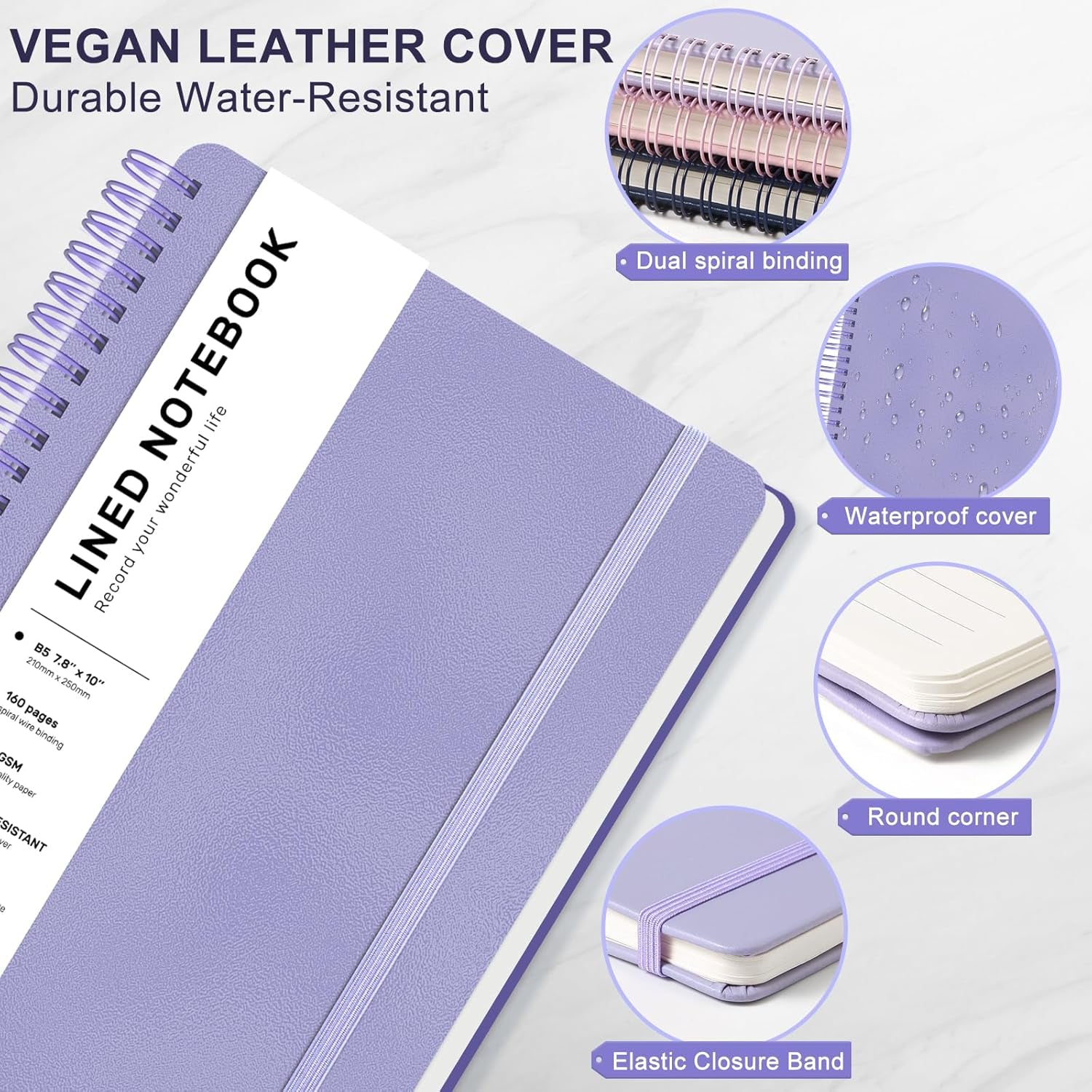 Lined Spiral Journal Notebook with 160 Pages, 7.8×10In, B5 Spiral Notebook, Journaling Notebooks for Work, School, Women, Men, College Ruled Spiral Notebook, Hardcover Leather Journals, Purple