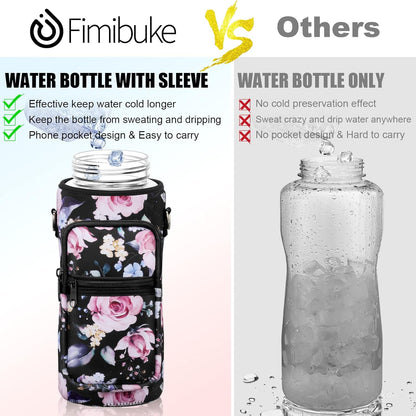 Half Gallon Water Bottle with Sleeve 64 OZ Water Bottle with Straw & Time Marker to Drink Leakproof Motivational Water Jug with Insulated Holder for Women Men Workout Gym Sport