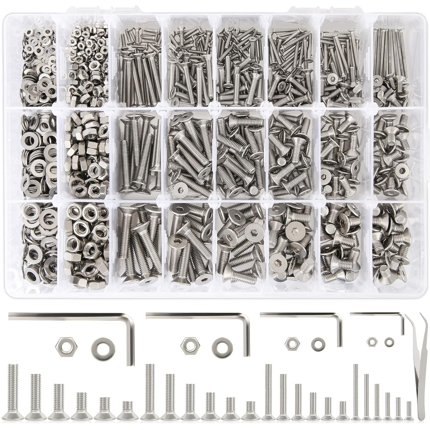 24 Sizes M2 M3 M4 M5 Hex Socket Flat Head Screw Bolts and Nuts Kit, 8MM to 25MM 304 Stainless Steel Nuts and Bolts Assortment Kit Silver Metric Machine Screws 8Mm 10Mm 12Mm 16Mm 20Mm 25Mm