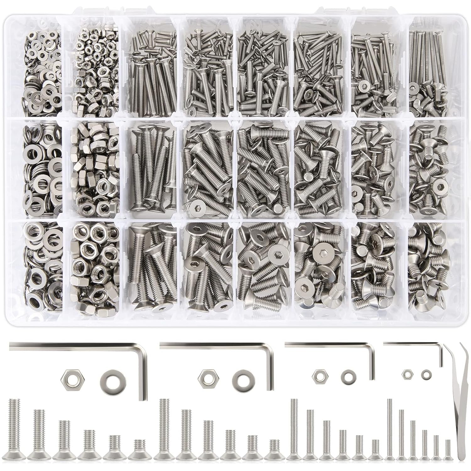 24 Sizes M2 M3 M4 M5 Hex Socket Flat Head Screw Bolts and Nuts Kit, 8MM to 25MM 304 Stainless Steel Nuts and Bolts Assortment Kit Silver Metric Machine Screws 8Mm 10Mm 12Mm 16Mm 20Mm 25Mm