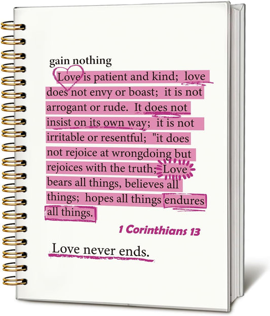 Pink Christian Notebook, 1 Corinthians 13 Christian Journal for Women, Scripture Notebook, Bible Journal Notebook, Bible Journaling Notebook, Hardcover Spiral Notebook Journal 5.5X8.3 Inch