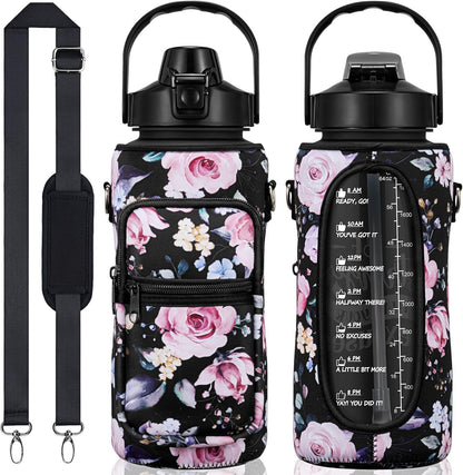Half Gallon Water Bottle with Sleeve 64 OZ Water Bottle with Straw & Time Marker to Drink Leakproof Motivational Water Jug with Insulated Holder for Women Men Workout Gym Sport