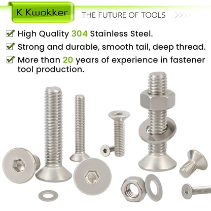 24 Sizes M2 M3 M4 M5 Hex Socket Flat Head Screw Bolts and Nuts Kit, 8MM to 25MM 304 Stainless Steel Nuts and Bolts Assortment Kit Silver Metric Machine Screws 8Mm 10Mm 12Mm 16Mm 20Mm 25Mm