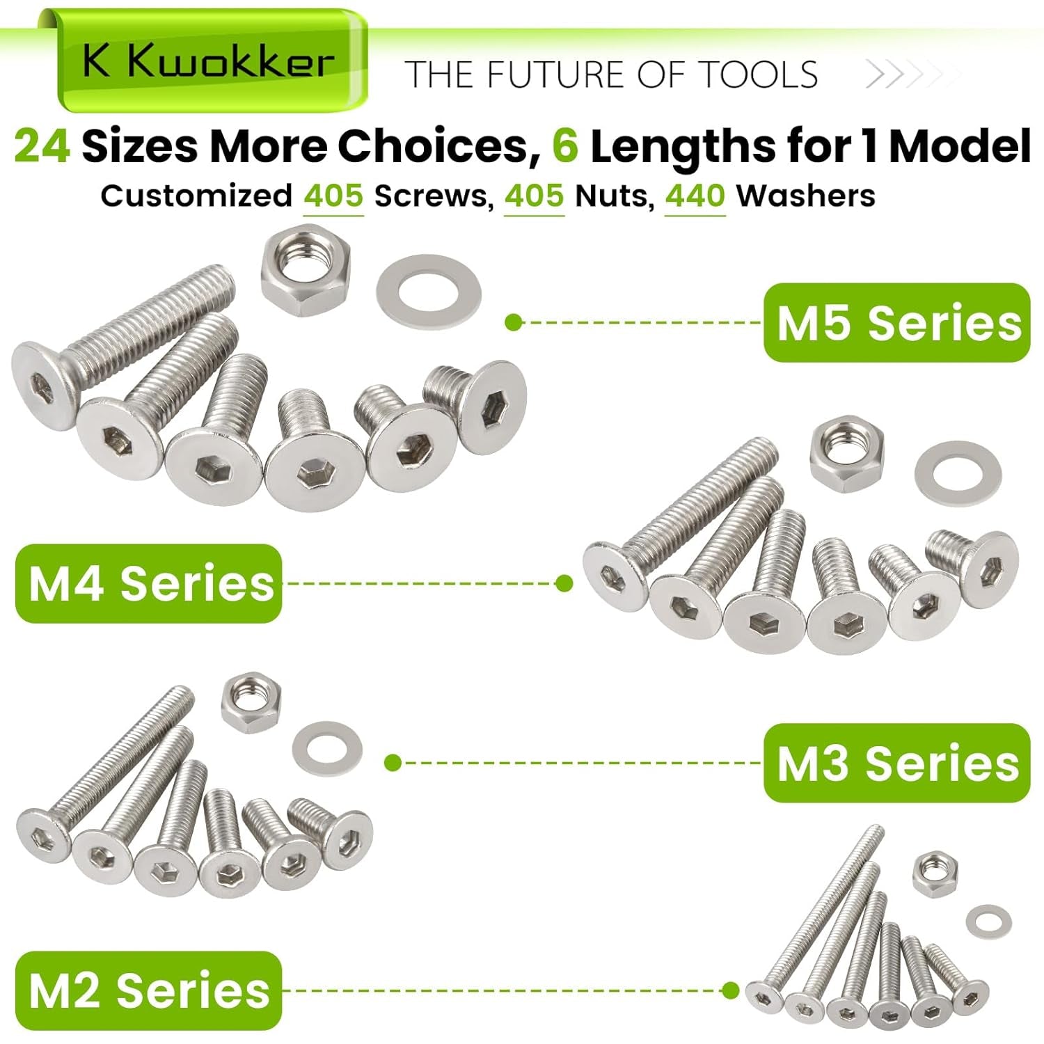 24 Sizes M2 M3 M4 M5 Hex Socket Flat Head Screw Bolts and Nuts Kit, 8MM to 25MM 304 Stainless Steel Nuts and Bolts Assortment Kit Silver Metric Machine Screws 8Mm 10Mm 12Mm 16Mm 20Mm 25Mm