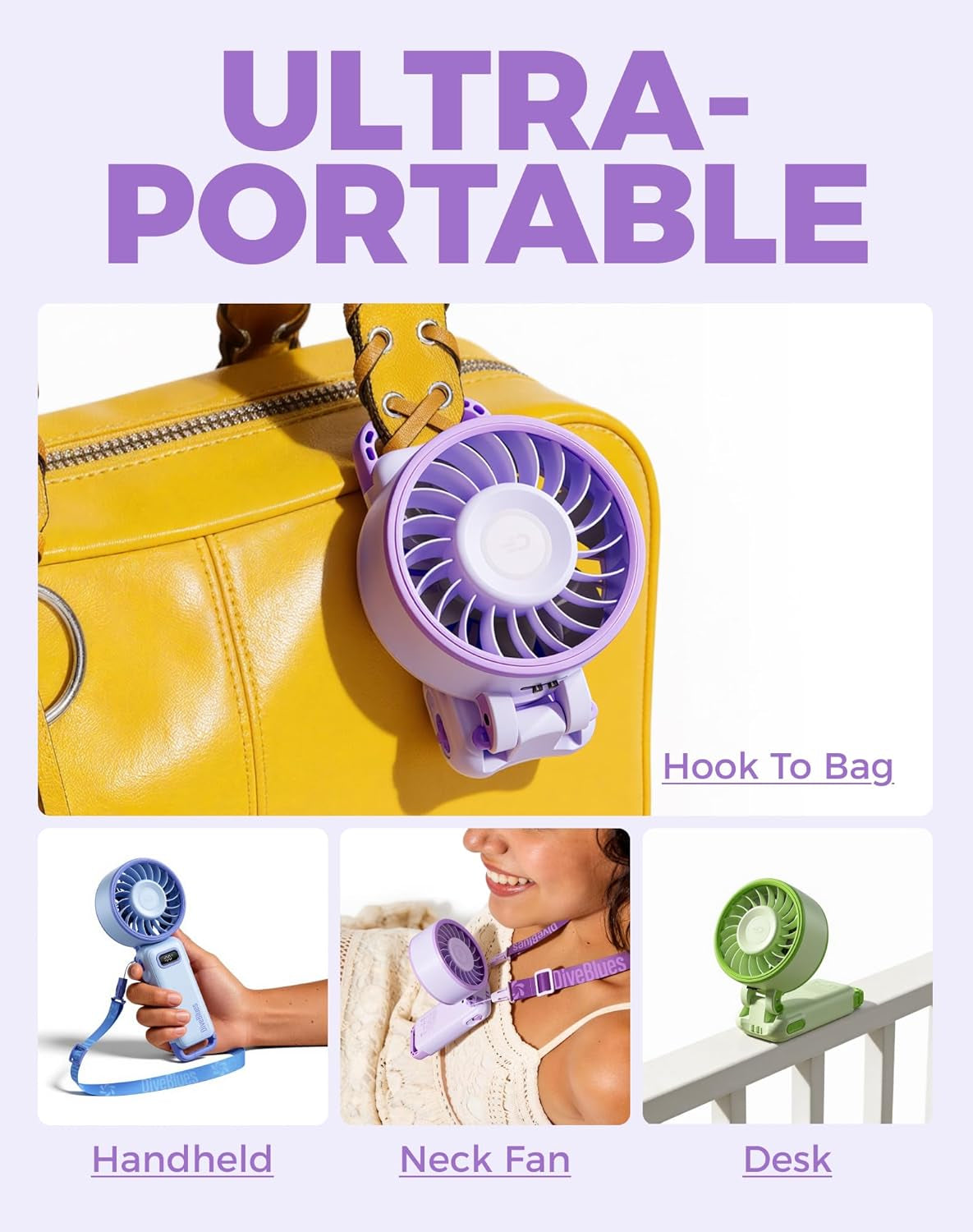 Portable Turbo Fan, 100 Speed Handheld Fan with Strong Airflow, Foldable 4 in 1 Personal Fan for Neck, Desk & Travel, USB-C Rechargeable, Lightweight for Summer, Concerts & Outdoor Use
