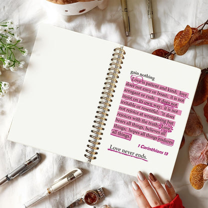 Pink Christian Notebook, 1 Corinthians 13 Christian Journal for Women, Scripture Notebook, Bible Journal Notebook, Bible Journaling Notebook, Hardcover Spiral Notebook Journal 5.5X8.3 Inch