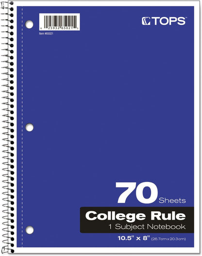 Oxford Spiral Notebook, 1-Subject, College Ruled Paper, 70 Sheets, Color May Vary, 1/Notebook (65021) (Pack of 1)