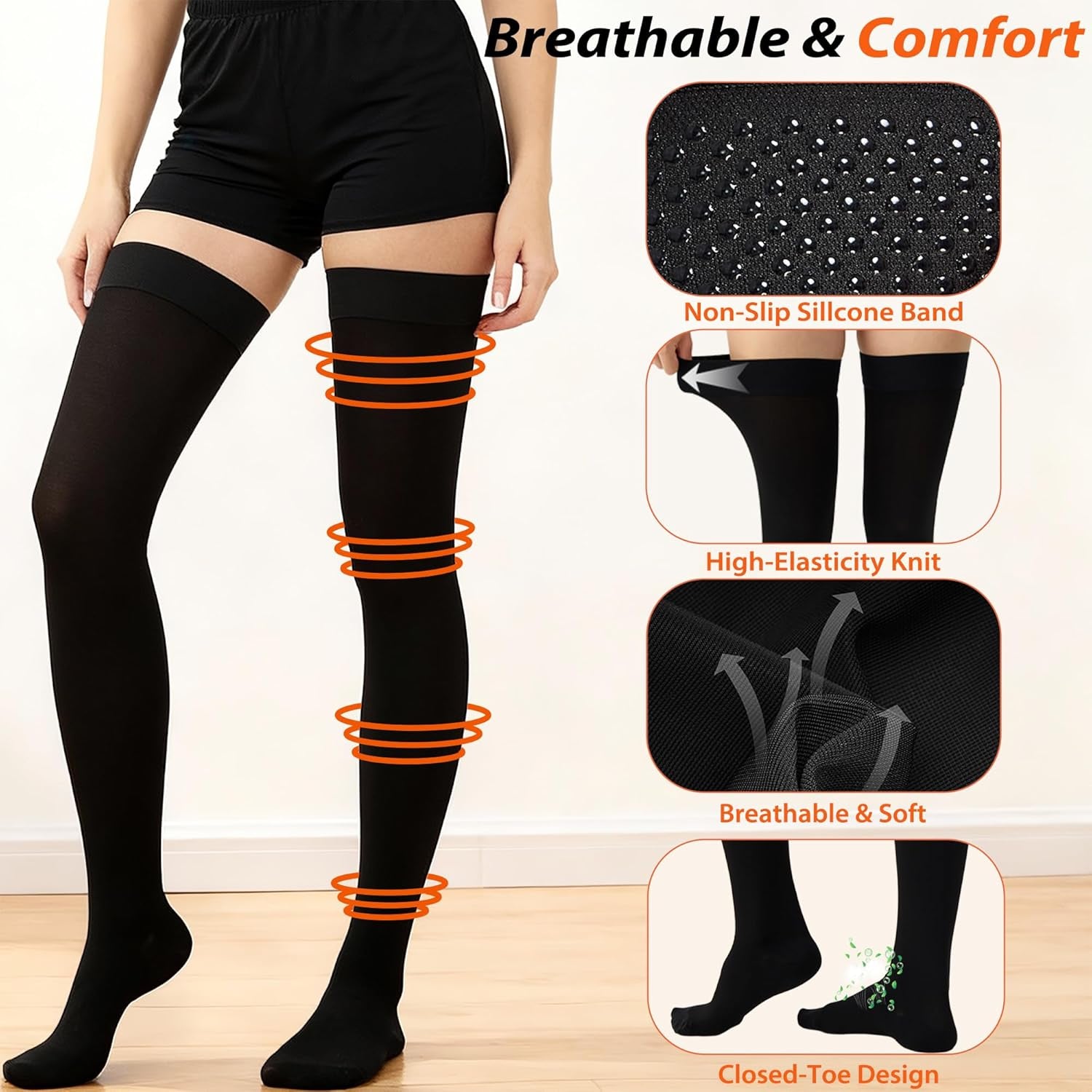 Thigh High Compression Stockings for Women and Men, 20-30 Mmhg Medical Compression Socks, Closed Toe, Dot Top, Graduated Support Hoses for Leg Fatigue, Varicose Veins, Swelling