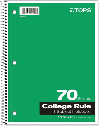 Oxford Spiral Notebook, 1-Subject, College Ruled Paper, 70 Sheets, Color May Vary, 1/Notebook (65021) (Pack of 1)