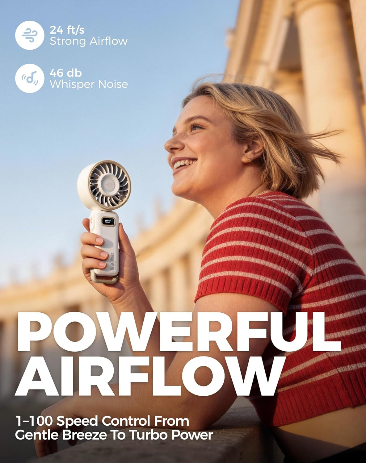 Portable Turbo Fan, 100 Speed Handheld Fan with Strong Airflow, Foldable 4 in 1 Personal Fan for Neck, Desk & Travel, USB-C Rechargeable, Lightweight for Summer, Concerts & Outdoor Use