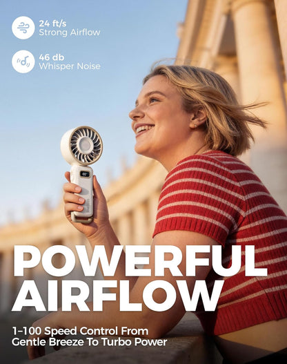Portable Turbo Fan, 100 Speed Handheld Fan with Strong Airflow, Foldable 4 in 1 Personal Fan for Neck, Desk & Travel, USB-C Rechargeable, Lightweight for Summer, Concerts & Outdoor Use