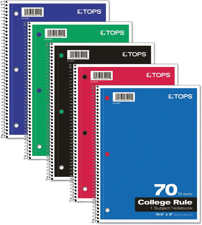 Oxford Spiral Notebook, 1-Subject, College Ruled Paper, 70 Sheets, Color May Vary, 1/Notebook (65021) (Pack of 1)