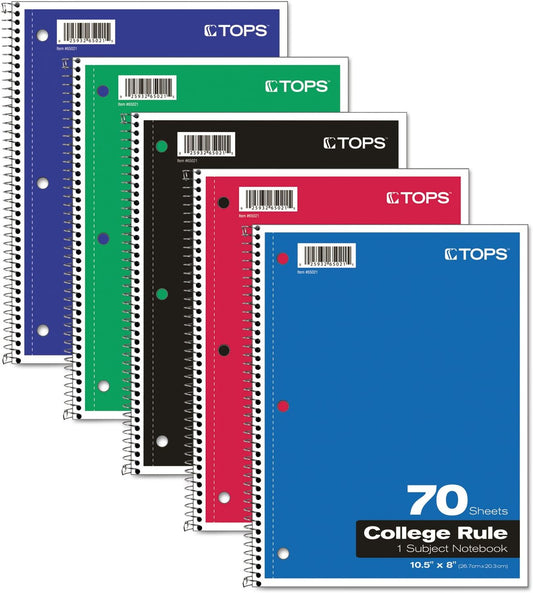 Oxford Spiral Notebook, 1-Subject, College Ruled Paper, 70 Sheets, Color May Vary, 1/Notebook (65021) (Pack of 1)