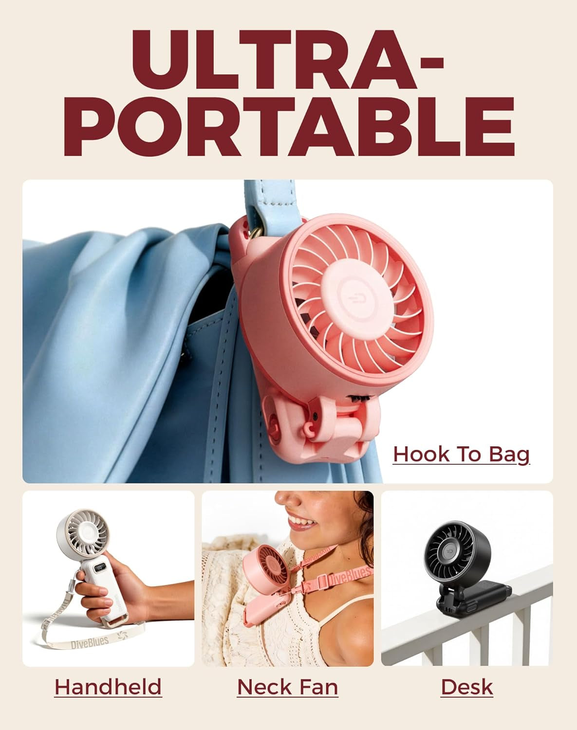 Portable Turbo Fan, 100 Speed Handheld Fan with Strong Airflow, Foldable 4 in 1 Personal Fan for Neck, Desk & Travel, USB-C Rechargeable, Lightweight for Summer, Concerts & Outdoor Use