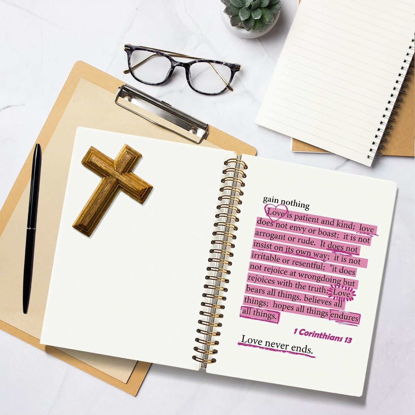 Pink Christian Notebook, 1 Corinthians 13 Christian Journal for Women, Scripture Notebook, Bible Journal Notebook, Bible Journaling Notebook, Hardcover Spiral Notebook Journal 5.5X8.3 Inch