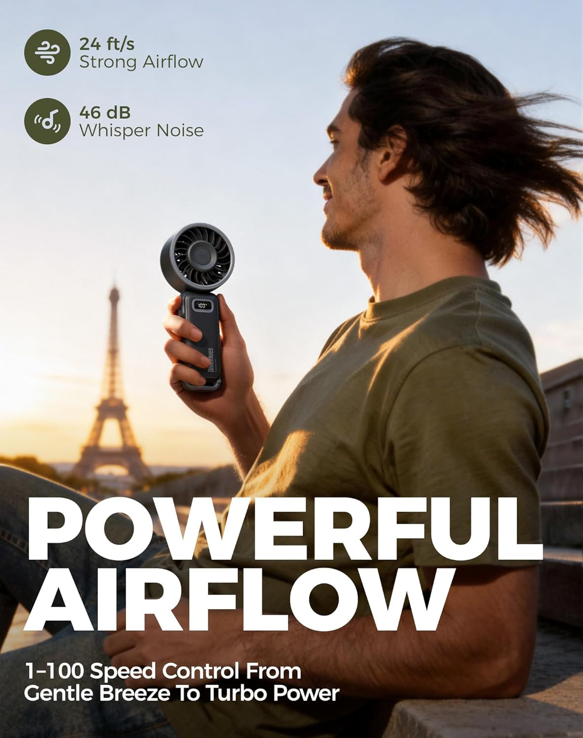 Portable Turbo Fan, 100 Speed Handheld Fan with Strong Airflow, Foldable 4 in 1 Personal Fan for Neck, Desk & Travel, USB-C Rechargeable, Lightweight for Summer, Concerts & Outdoor Use