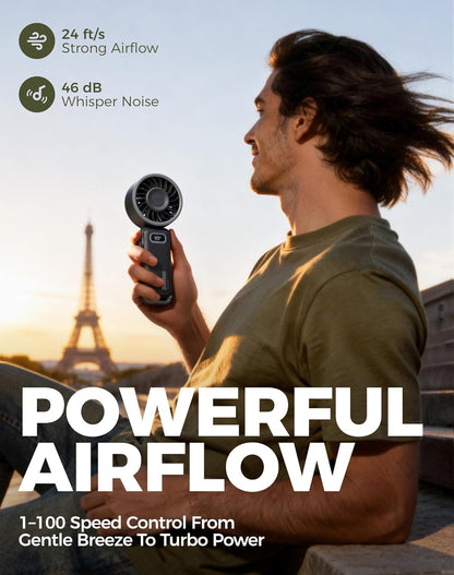 Portable Turbo Fan, 100 Speed Handheld Fan with Strong Airflow, Foldable 4 in 1 Personal Fan for Neck, Desk & Travel, USB-C Rechargeable, Lightweight for Summer, Concerts & Outdoor Use