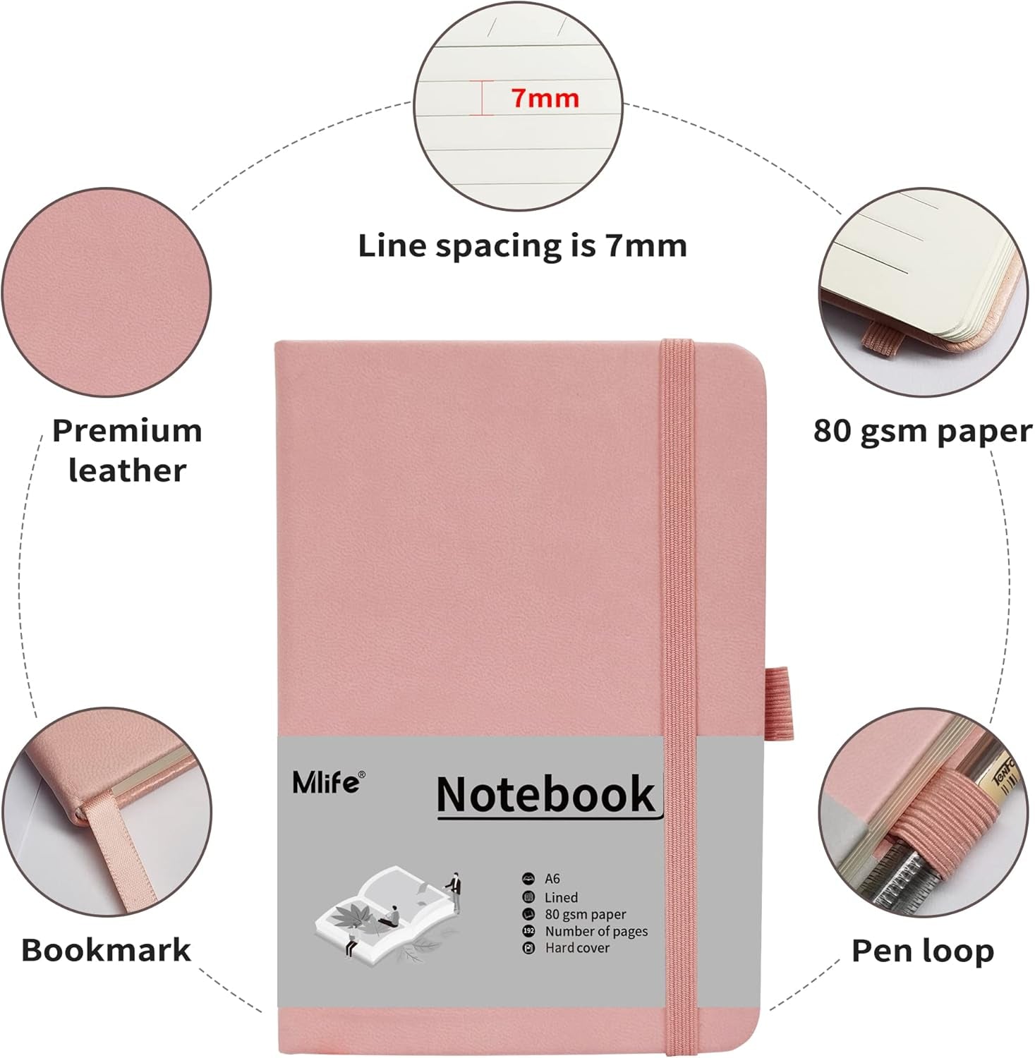 A6 Small Journal Notebook, Lined Pocket Notebook with Pen Holder, Mini Notebook Hardcover, 192 Pages, 3.9 Inches * 5.5 Inches Journal for Women and Man（1Pack Pink）