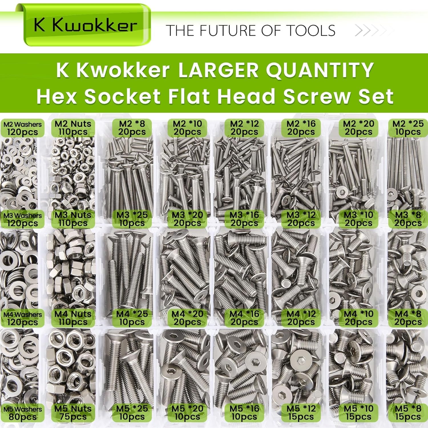 24 Sizes M2 M3 M4 M5 Hex Socket Flat Head Screw Bolts and Nuts Kit, 8MM to 25MM 304 Stainless Steel Nuts and Bolts Assortment Kit Silver Metric Machine Screws 8Mm 10Mm 12Mm 16Mm 20Mm 25Mm