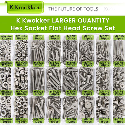 24 Sizes M2 M3 M4 M5 Hex Socket Flat Head Screw Bolts and Nuts Kit, 8MM to 25MM 304 Stainless Steel Nuts and Bolts Assortment Kit Silver Metric Machine Screws 8Mm 10Mm 12Mm 16Mm 20Mm 25Mm