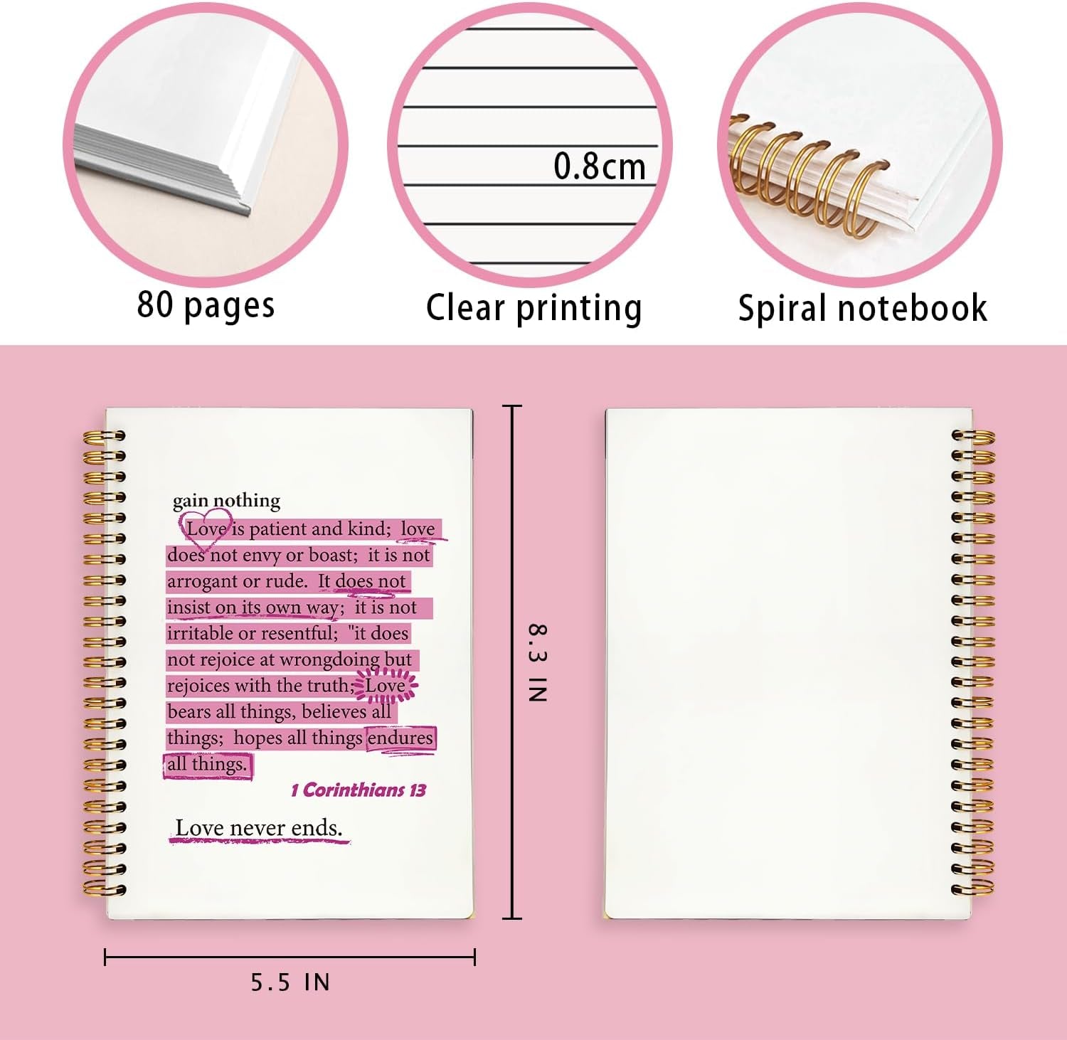 Pink Christian Notebook, 1 Corinthians 13 Christian Journal for Women, Scripture Notebook, Bible Journal Notebook, Bible Journaling Notebook, Hardcover Spiral Notebook Journal 5.5X8.3 Inch