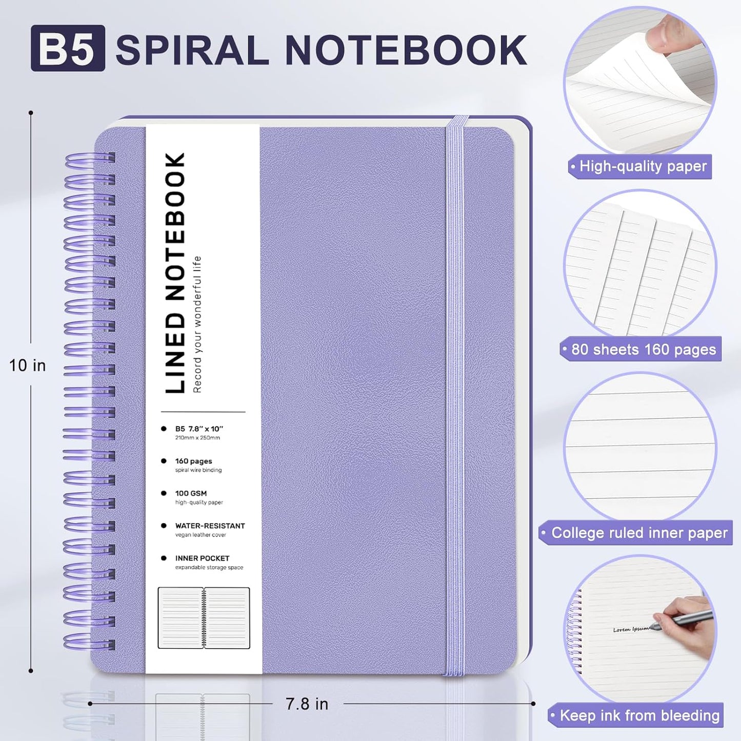 Lined Spiral Journal Notebook with 160 Pages, 7.8×10In, B5 Spiral Notebook, Journaling Notebooks for Work, School, Women, Men, College Ruled Spiral Notebook, Hardcover Leather Journals, Purple