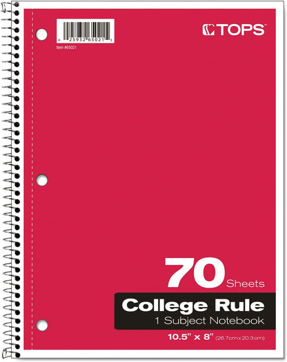 Oxford Spiral Notebook, 1-Subject, College Ruled Paper, 70 Sheets, Color May Vary, 1/Notebook (65021) (Pack of 1)